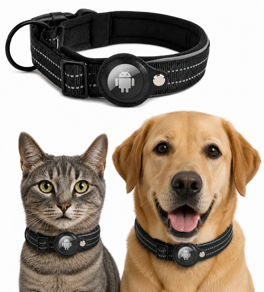 Dierboetiek Hondenhalsband En (Grote) Kattenhalsband Inclusief Android Tracker Tag – Zwart – Verstelbaar - Meerdere maten - Android