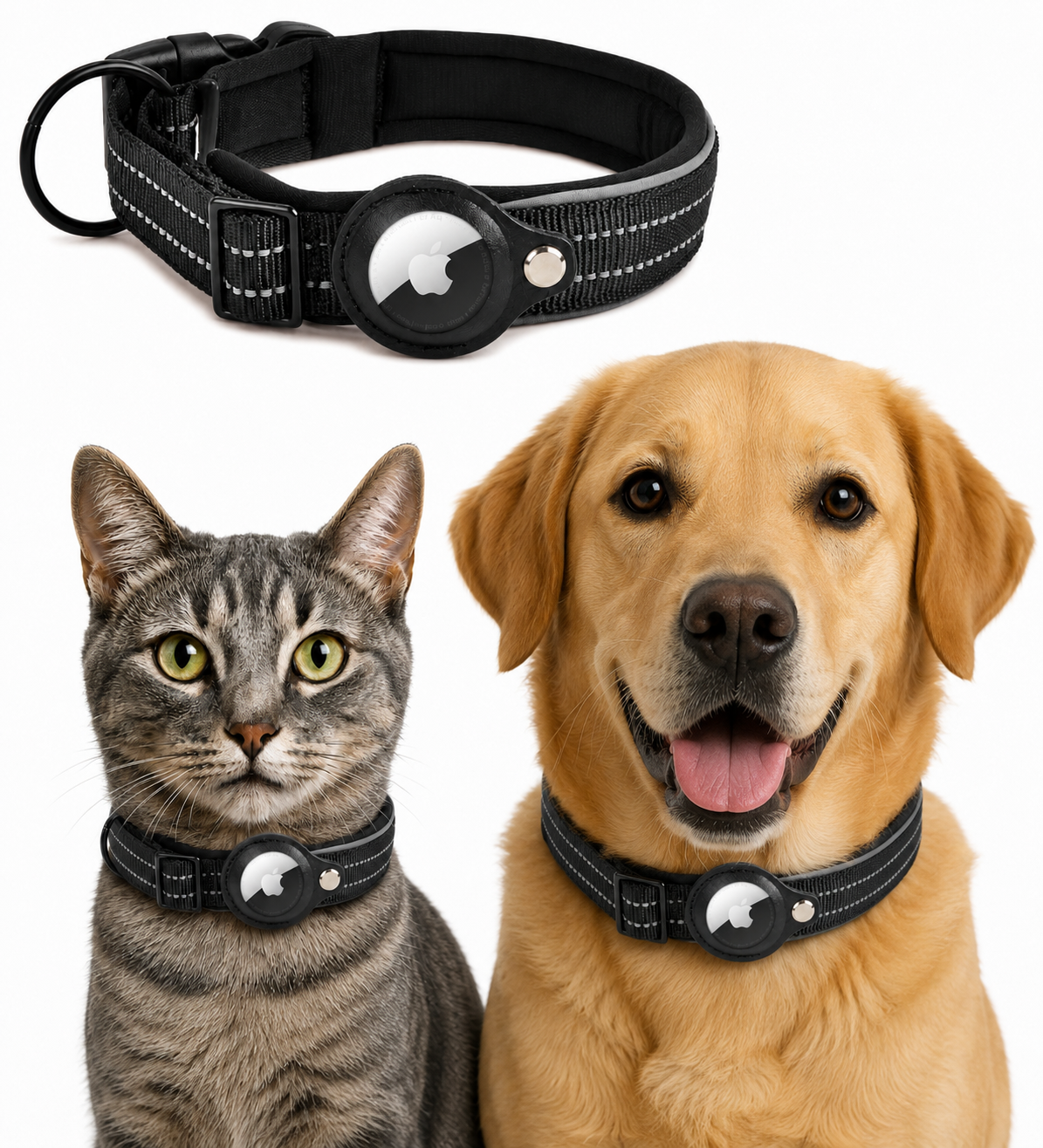 Dierboetiek Hondenhalsband En (Grote) Kattenhalsband Inclusief Apple Tracker – Zwart – Verstelbaar - Diverse Maten - Iphone/Apple