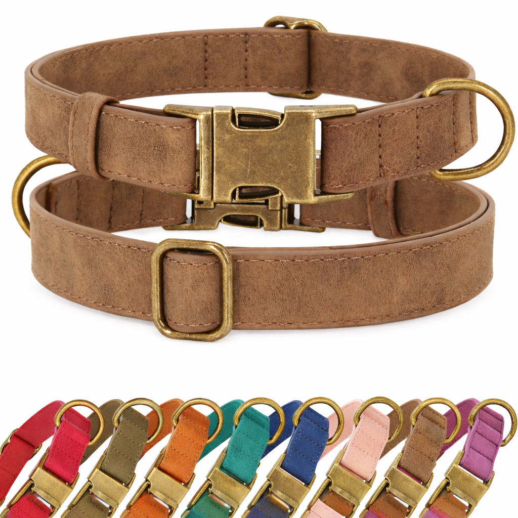 Dierboetiek Leren Halsband - Roestvrij staal - Bruin