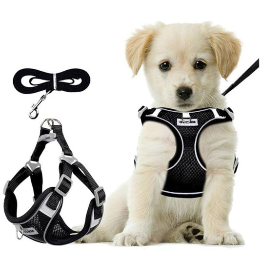 Zacht Polyesther Hondentuigje + looplijn - Comfort - Zwart